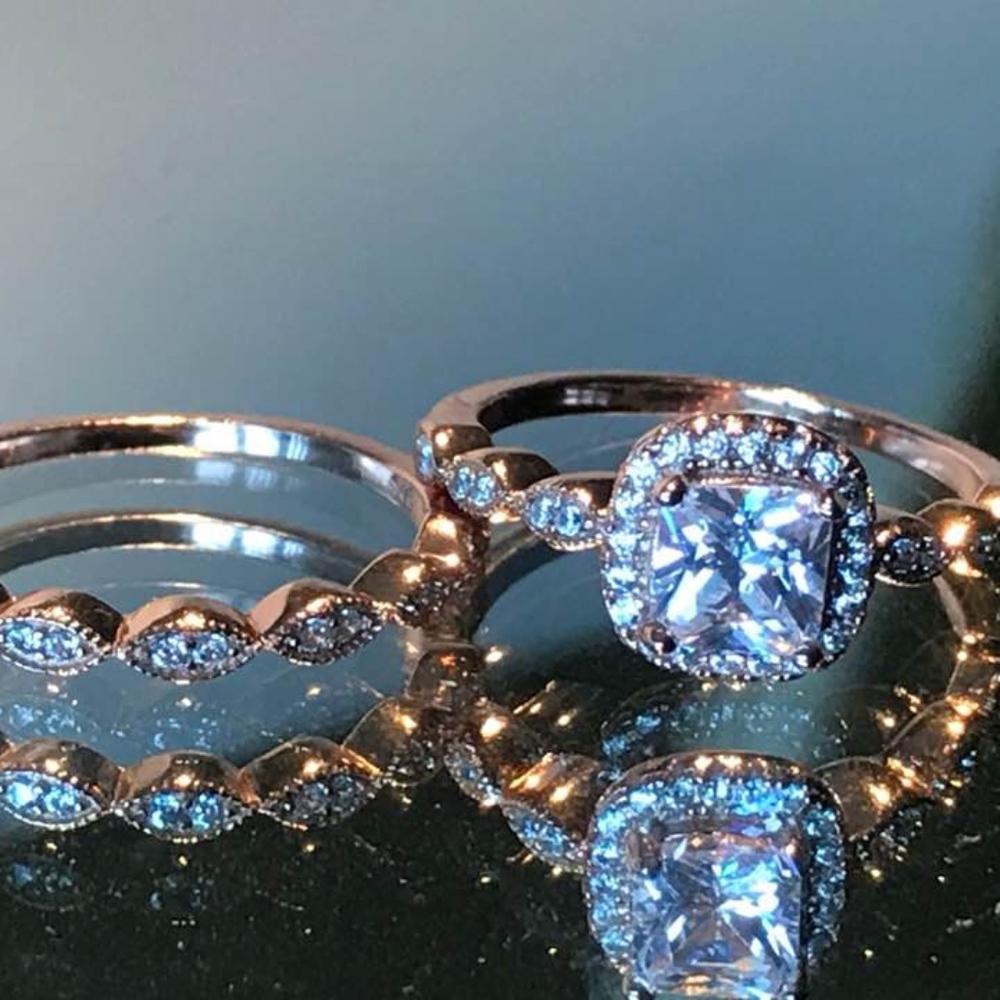 Cushion Cut Halo Rose Gold Wedding Bridal Ring Set